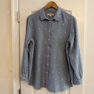 Loft Women's Blue Striped Polka Dotted Long Sleeve Button Down Shirt Size L